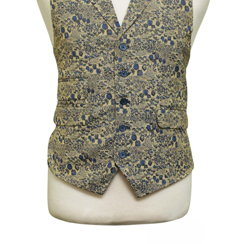 Mens Floral Vest 44R Beige Blue Jacquard Waistcoat Formal Wedding Groom Party