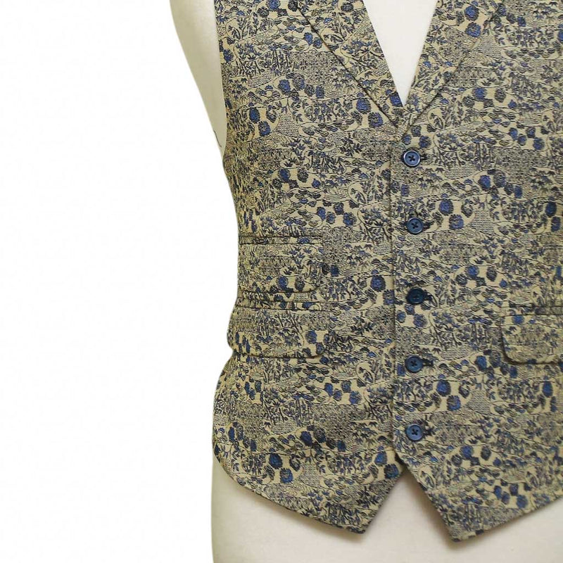 Mens Floral Vest 44R Beige Blue Jacquard Waistcoat Formal Wedding Groom Party