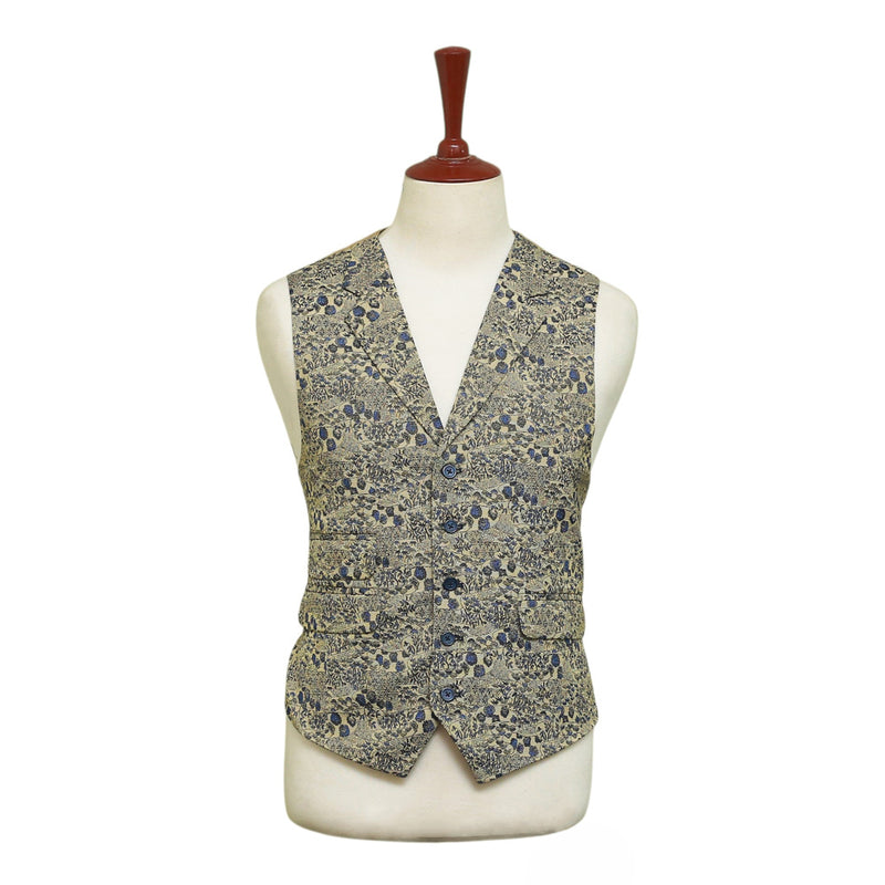 Mens Floral Vest 44R Beige Blue Jacquard Waistcoat Formal Wedding Groom Party