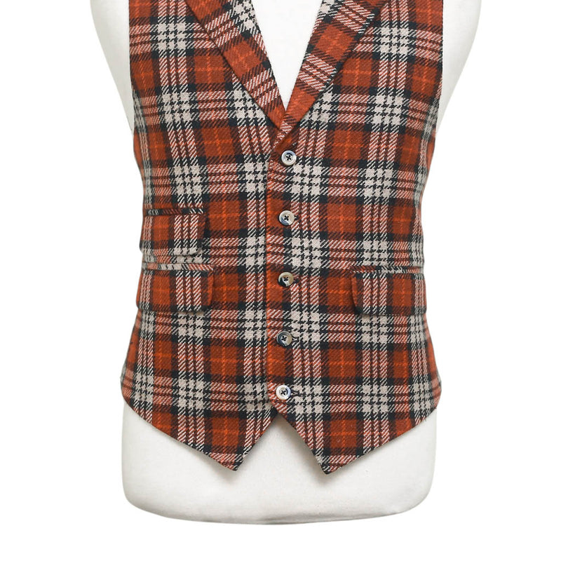 Mens Vest 44R Plaid Wool Orange Beige Waistcoat XL Western Casual Preppy Wedding