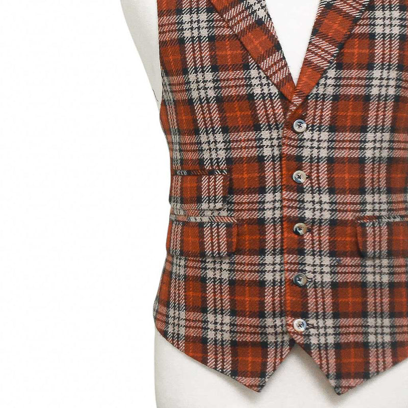 Mens Vest 44R Plaid Wool Orange Beige Waistcoat XL Western Casual Preppy Wedding
