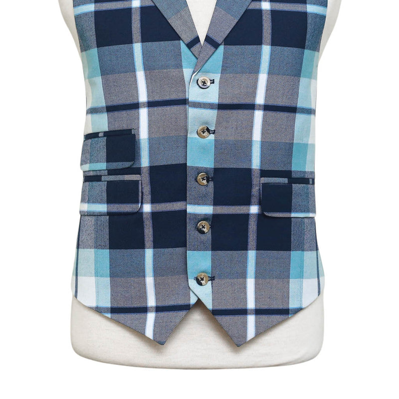 Mens Vest 44R Plaid Blue White Wool Waistcoat XL Formal Wedding Groom Party