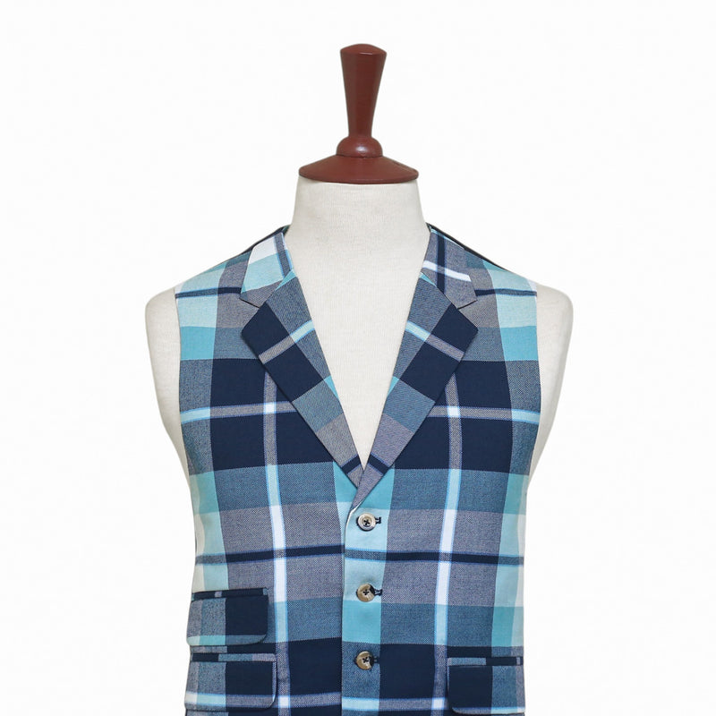 Mens Vest 44R Plaid Blue White Wool Waistcoat XL Formal Wedding Groom Party