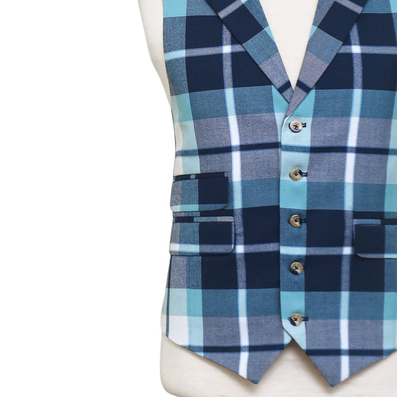 Mens Vest 44R Plaid Blue White Wool Waistcoat XL Formal Wedding Groom Party