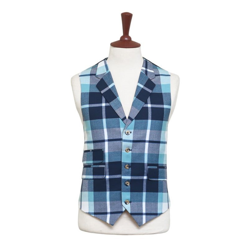 Mens Vest Blue Green Plaid Check Wool Dress Formal Wedding Suit Waistcoat Medium