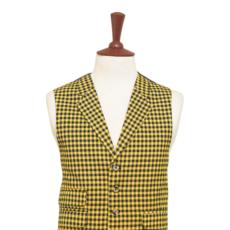 Mens Vest 44R Yellow Black Check Wool Waistcoat XL Formal Wedding Groom Party