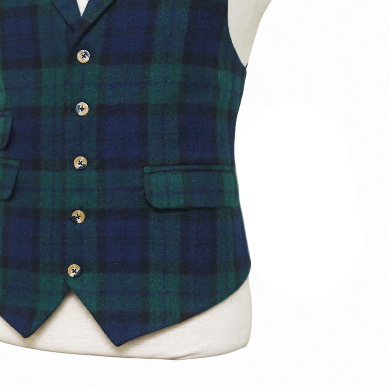 Mens Black Watch Tartan Vest 44R Blue Green Lambswool Plaid Waistcoat XL Formal