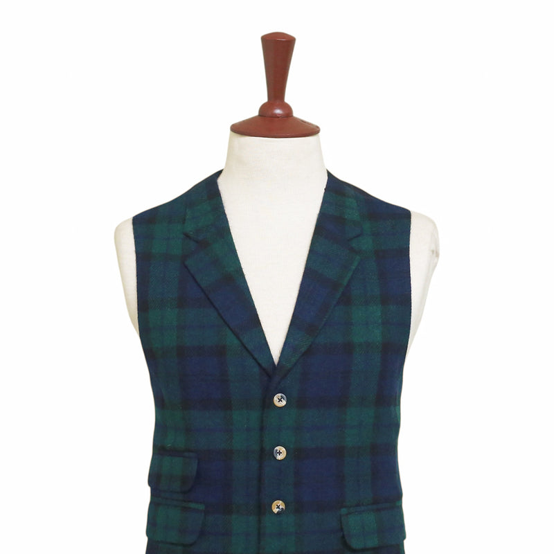 Mens Black Watch Tartan Vest 44R Blue Green Lambswool Plaid Waistcoat XL Formal