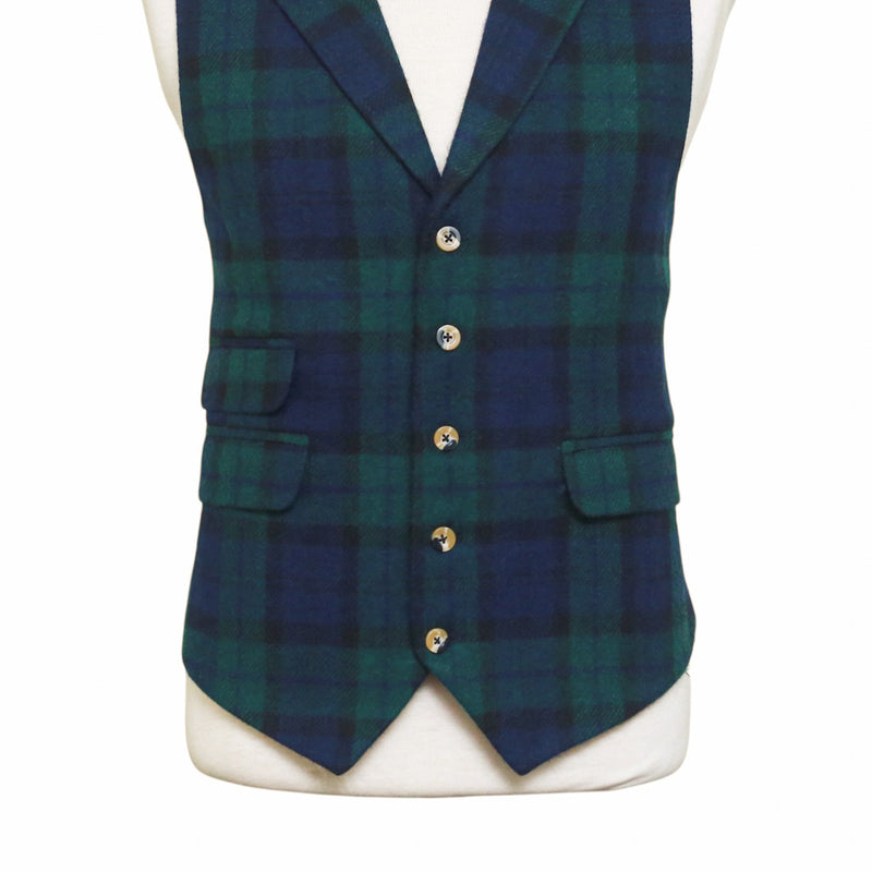 Mens Black Watch Tartan Vest 44R Blue Green Lambswool Plaid Waistcoat XL Formal