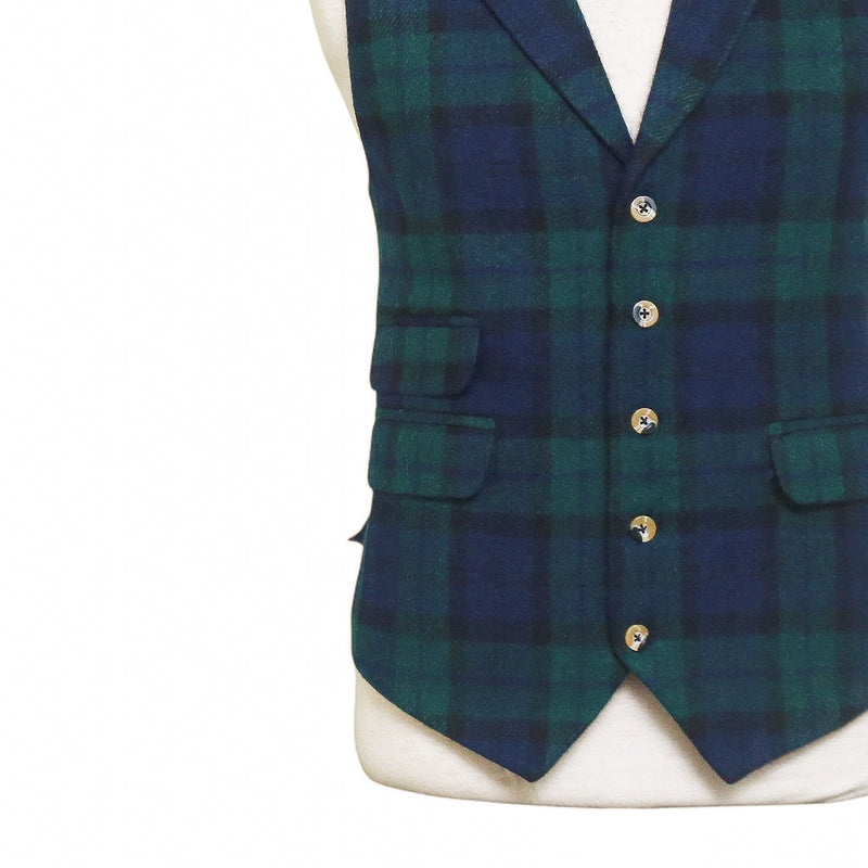 Mens Black Watch Tartan Vest 44R Blue Green Lambswool Plaid Waistcoat XL Formal