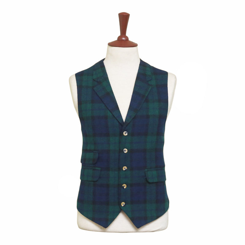 Mens Black Watch Tartan Vest 44R Blue Green Lambswool Plaid Waistcoat XL Formal