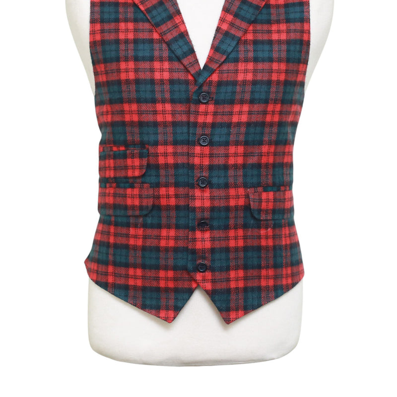 Mens Tartan Plaid Vest 44R Red Green Wool Waistcoat XL Formal Wedding Prom Party