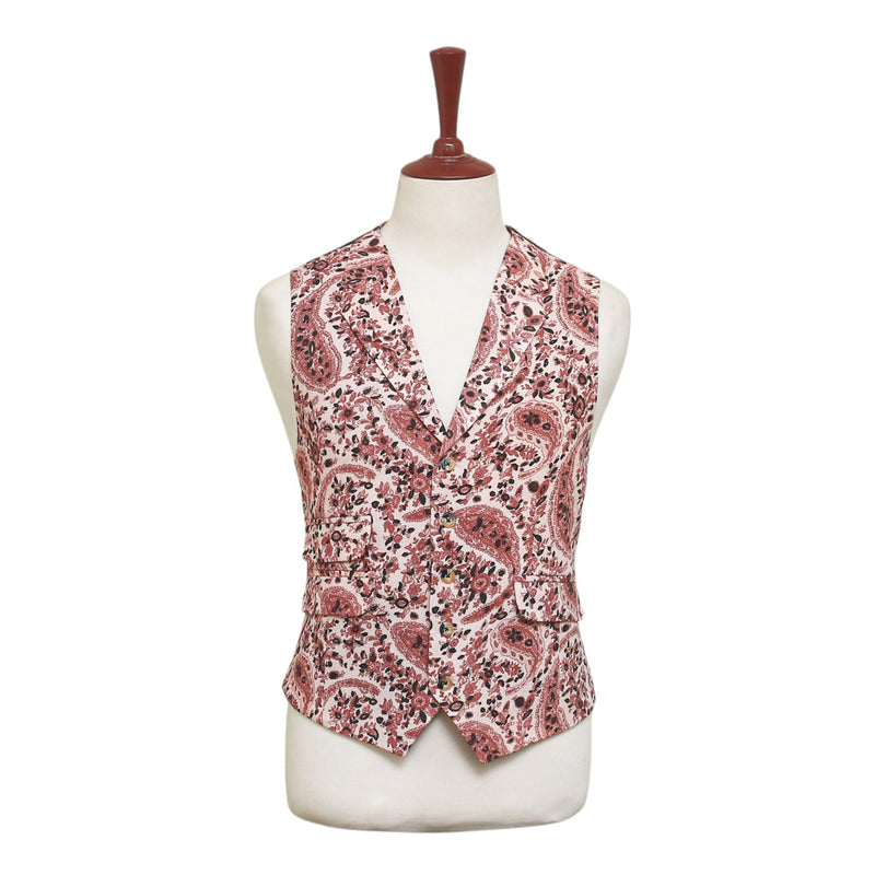 Mens Paisley Vest 44R Red Beige Waistcoat Formal Wedding Prom Party Groom