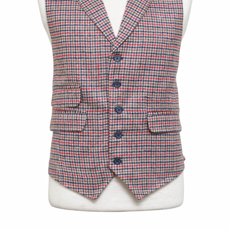 Mens Plaid Check Vest 44R Red Blue Beige Wool Waistcoat XL Western Casual Preppy