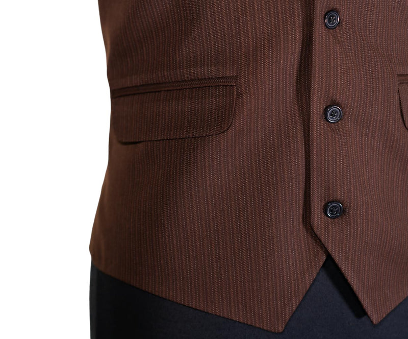 Mens Vest Brown Striped Wool Dress Formal Wedding Suit Lapel Waistcoat Large