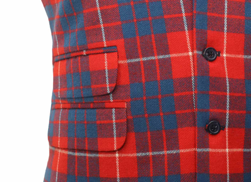 Mens Vest Suit Lapel Red Blue Plaid Wool Handmade Formal Wedding Waistcoat XL 46