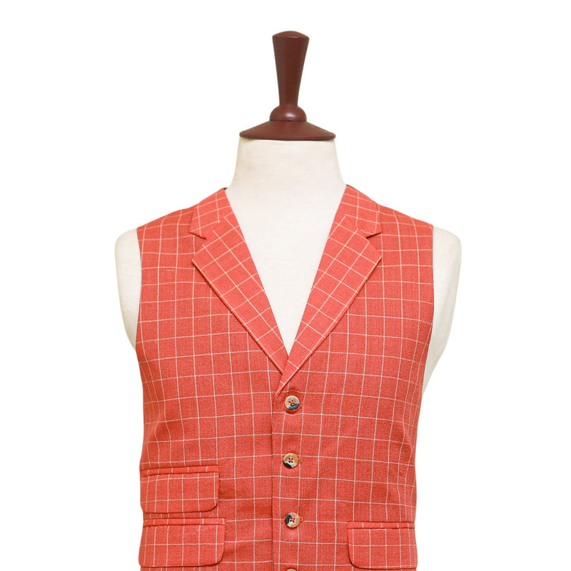 Mens Vest 44R Orange Beige Check Waistcoat Formal Wedding Prom Party Groom