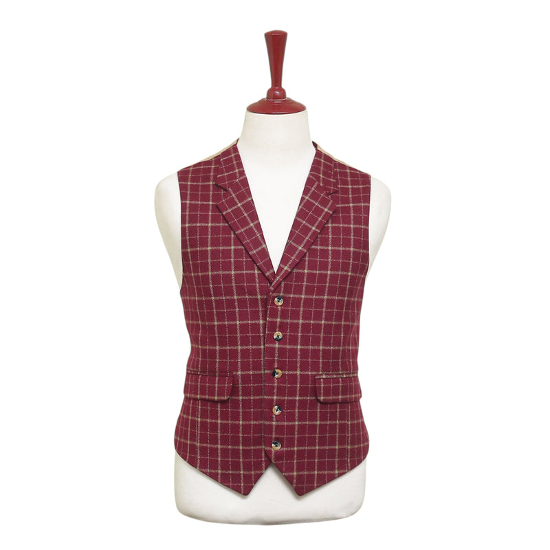 Mens Vest 44R Burgundy Green Check Wool Waistcoat XL Western Casual Wedding