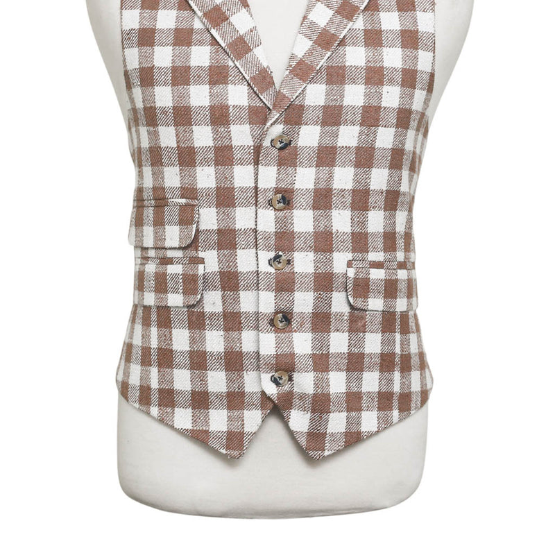 Mens Vest 44R Brown Beige Plaid Check Waistcoat XL Western Casual Preppy Party
