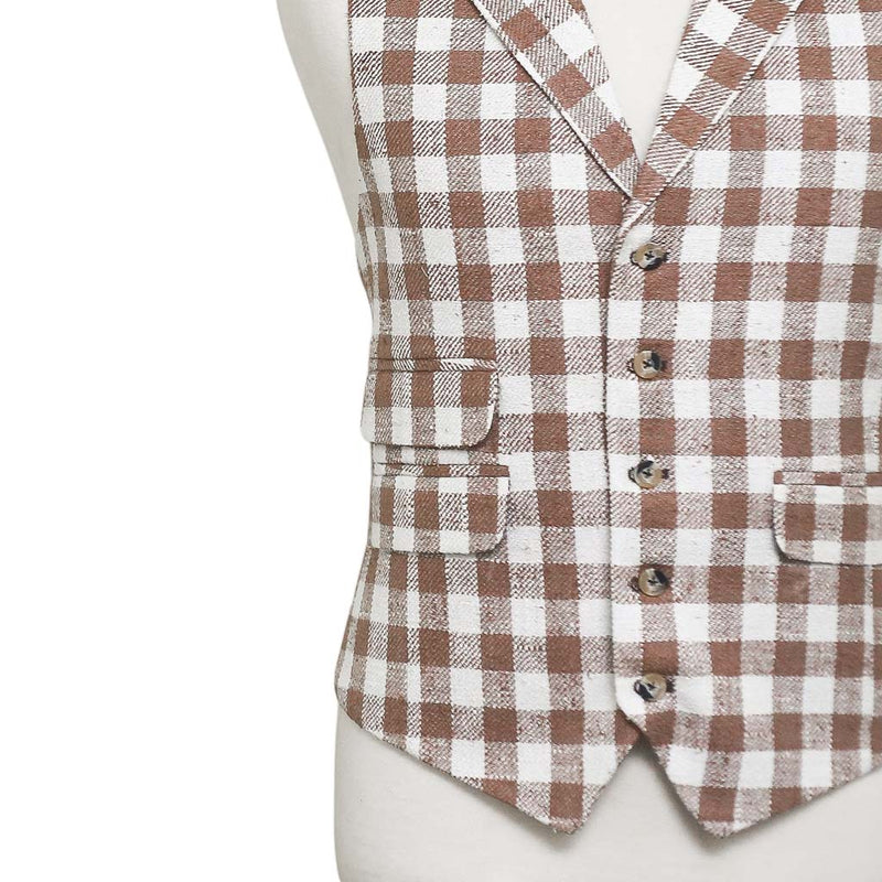 Mens Vest 44R Brown Beige Plaid Check Waistcoat XL Western Casual Preppy Party