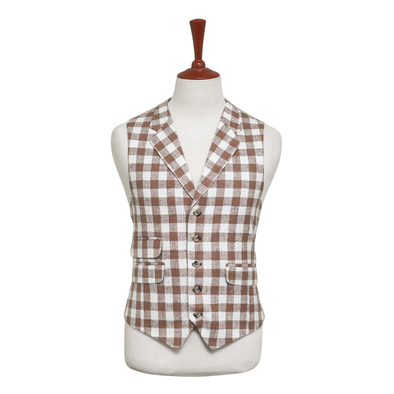 Mens Vest 44R Brown Beige Plaid Check Waistcoat XL Western Casual Preppy Party