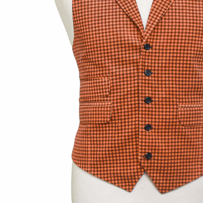 Mens Vest 44R Orange Brown Check Corduroy Waistcoat XL Formal Wedding Party
