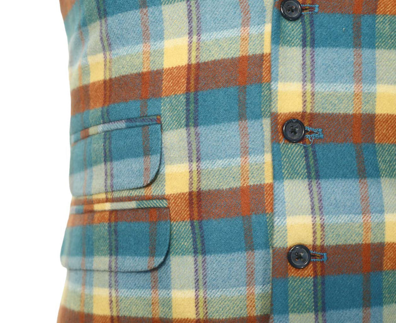 Mens Vest Suit Lapel Blue Orange Yellow Plaid Wool Dress Formal Waistcoat XL 46