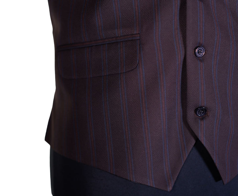 Mens Vest Brown Blue Striped Wool Formal Wedding Suit Lapel Waistcoat Large