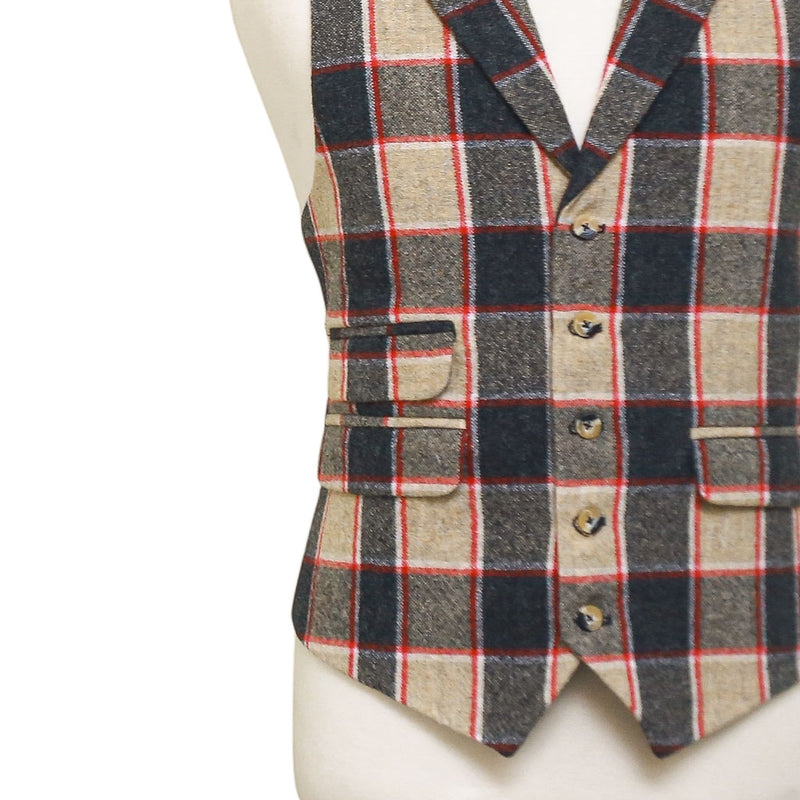 Mens Tweed Vest 44R Gray Beige Red Plaid Wool Waistcoat Western Casual Wedding