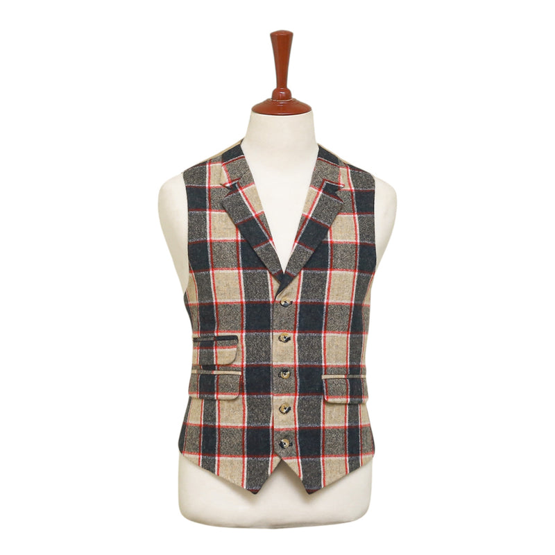 Mens Tweed Vest 44R Gray Beige Red Plaid Wool Waistcoat Western Casual Wedding