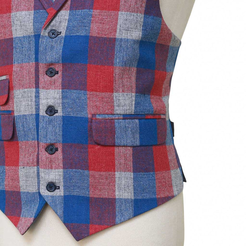 Mens Vest 44R Plaid Check Blue Red Gray Wool Waistcoat XL Formal Wedding Party