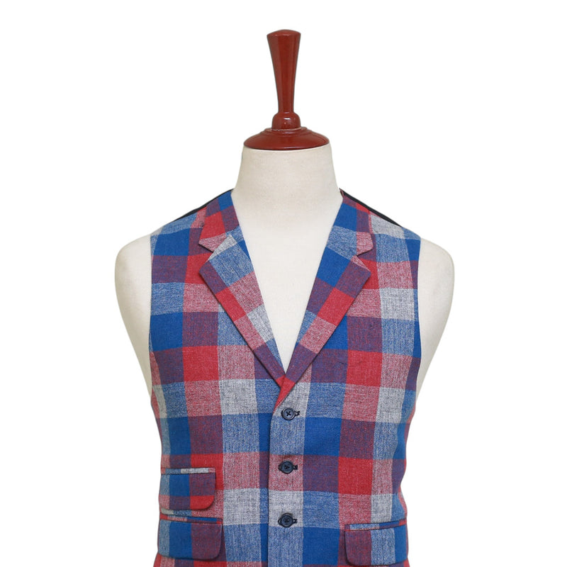 Mens Vest 44R Plaid Check Blue Red Gray Wool Waistcoat XL Formal Wedding Party