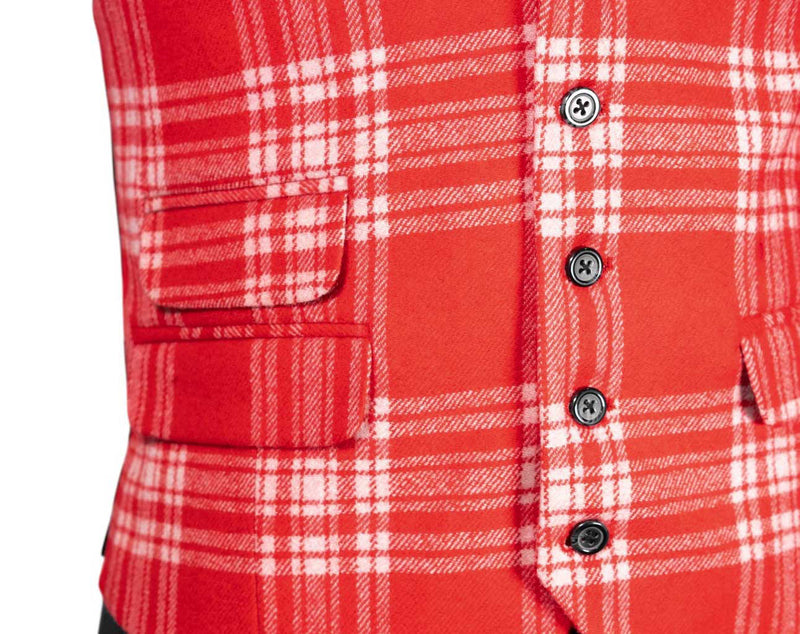 Mens Waistcoat Suit Lapel Vest 40R Red White Plaid 100% Wool Formal Wedding Prom