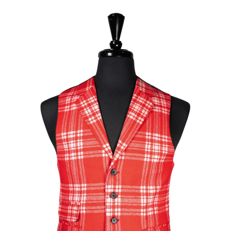 Mens Waistcoat Suit Lapel Vest 40R Red White Plaid 100% Wool Formal Wedding Prom