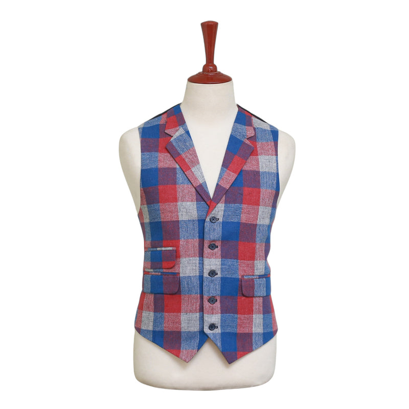 Mens Vest 44R Plaid Check Blue Red Gray Wool Waistcoat XL Formal Wedding Party