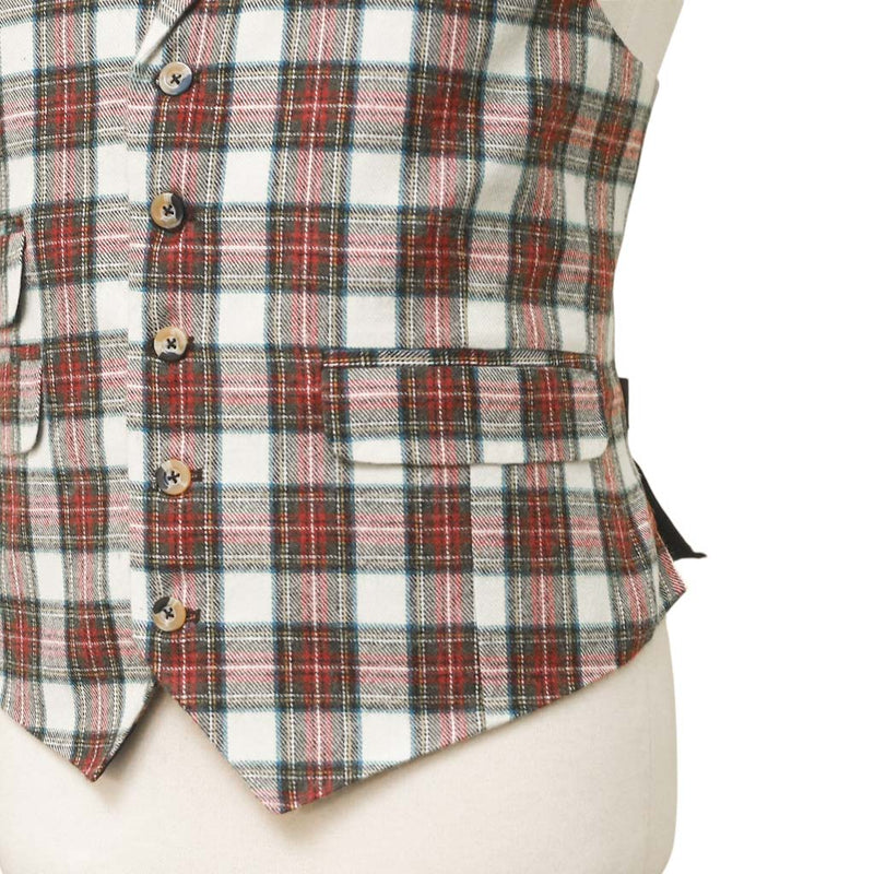 Mens Tartan Plaid Vest 44R White Red Green Lambswool Waistcoat XL Formal Wedding