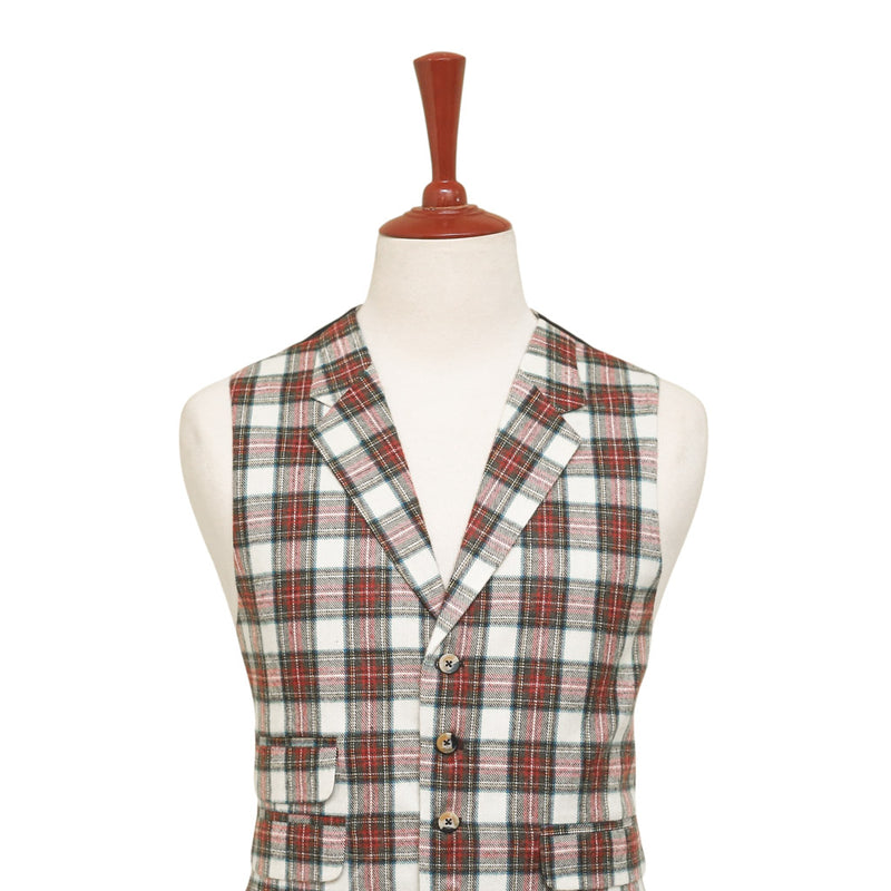 Mens Tartan Plaid Vest 44R White Red Green Lambswool Waistcoat XL Formal Wedding