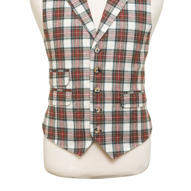 Mens Tartan Plaid Vest 44R White Red Green Lambswool Waistcoat XL Formal Wedding