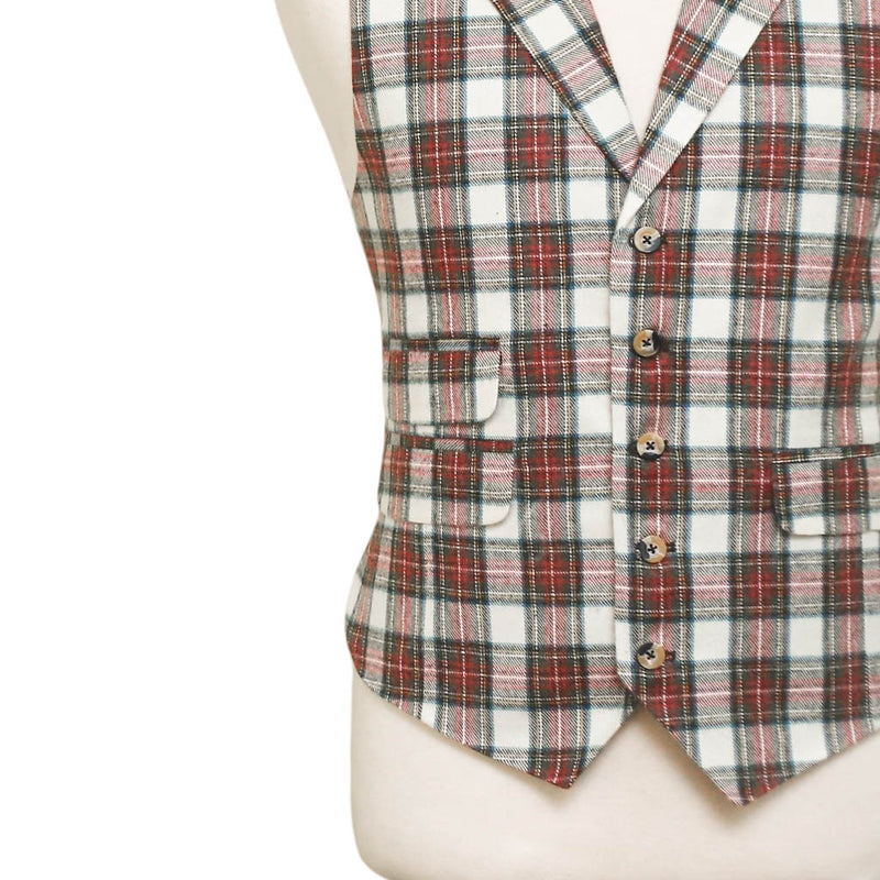 Mens Tartan Plaid Vest 44R White Red Green Lambswool Waistcoat XL Formal Wedding