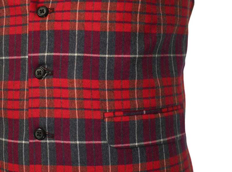 Mens Vest Suit Lapel Red Purple Plaid Check Wool Formal Wedding Waistcoat XL 46