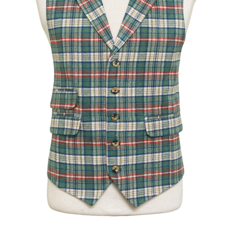 Mens Plaid Vest 44R Green Beige Orange Wool Waistcoat XL Formal Wedding Party