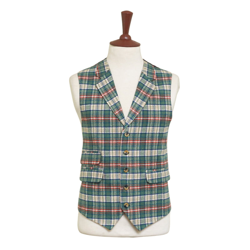 Mens Plaid Vest 44R Green Beige Orange Wool Waistcoat XL Formal Wedding Party