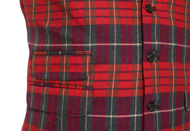 Mens Vest Suit Lapel Red Purple Plaid Check Wool Formal Wedding Waistcoat XL 46