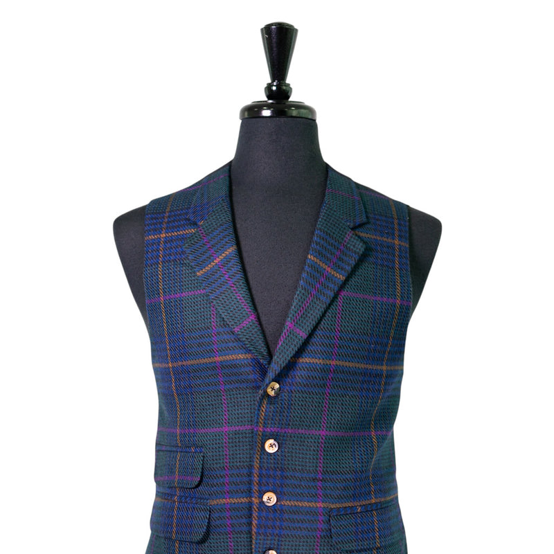 Mens Plaid Vest 44R Blue Green Purple Wool Waistcoat Formal Wedding Party Groom