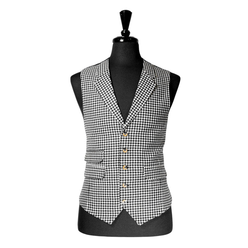 Mens Vest 44R Black White Houndstooth Check Wool Waistcoat Formal Wedding Party