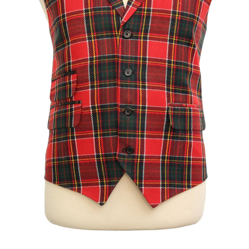 Mens Vest Suit Lapel Red Tartan Plaid Wool Dress Formal Wedding Waistcoat XL 46