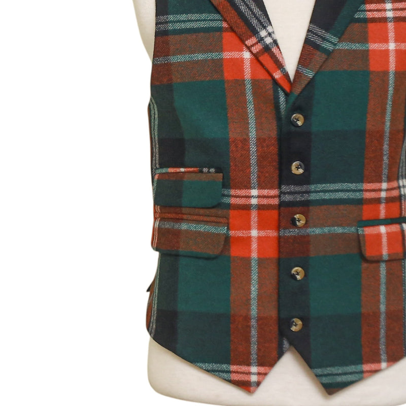 Mens Vest 44R Plaid Green Orange Wool Waistcoat XL Formal Wedding Groom Party