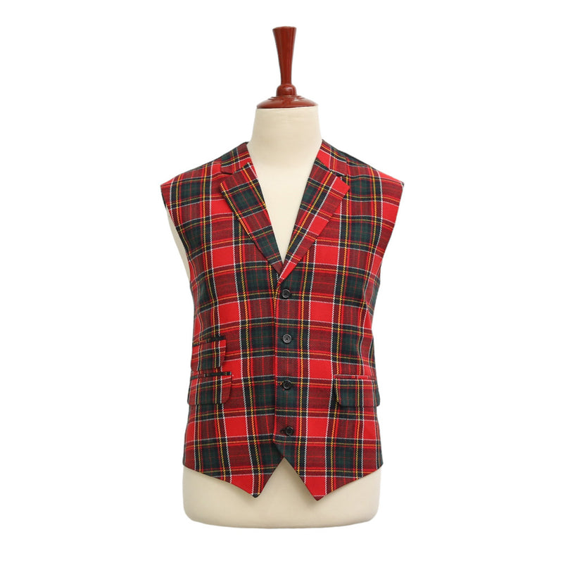 Mens Vest Suit Lapel Red Tartan Plaid Wool Dress Formal Wedding Waistcoat XL 46