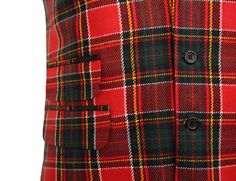 Mens Vest Suit Lapel Red Tartan Plaid Wool Dress Formal Wedding Waistcoat XL 46