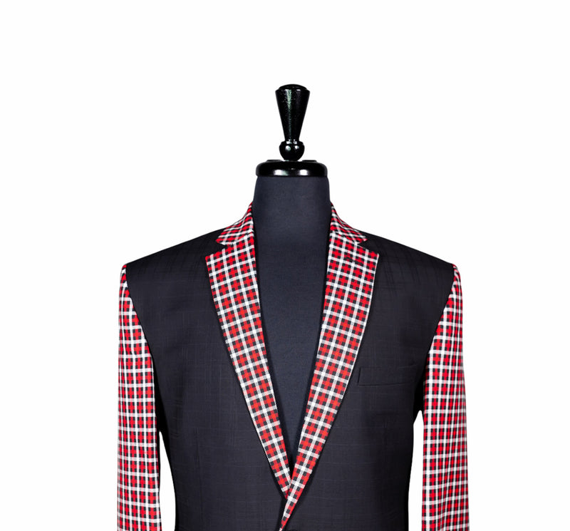 Men's Blazer Black Red Plaid Check Wool Formal Tuxedo Jacket Sport Coat 40R